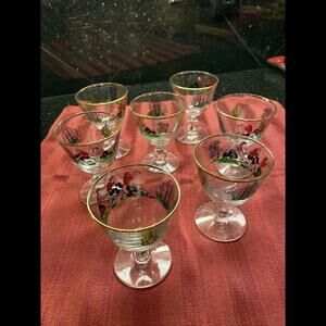 🎩✨Vintage 7 Small Wine Glasses With Gold Banding And Colorful Japanese Motif
